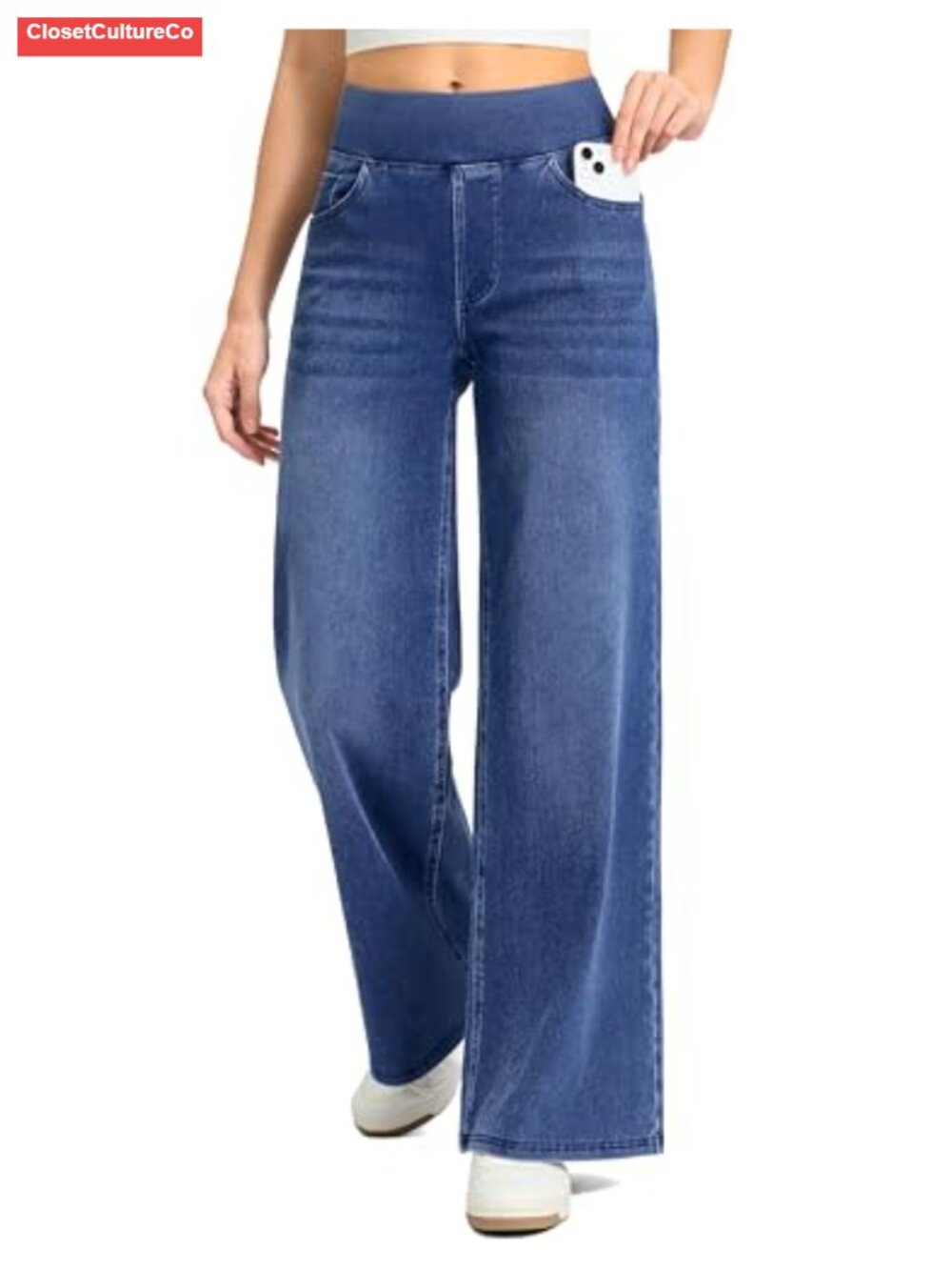 Wide Leg Jeans High Waisted Pull On Stretchy Denim Pants - Picture 1 of 6